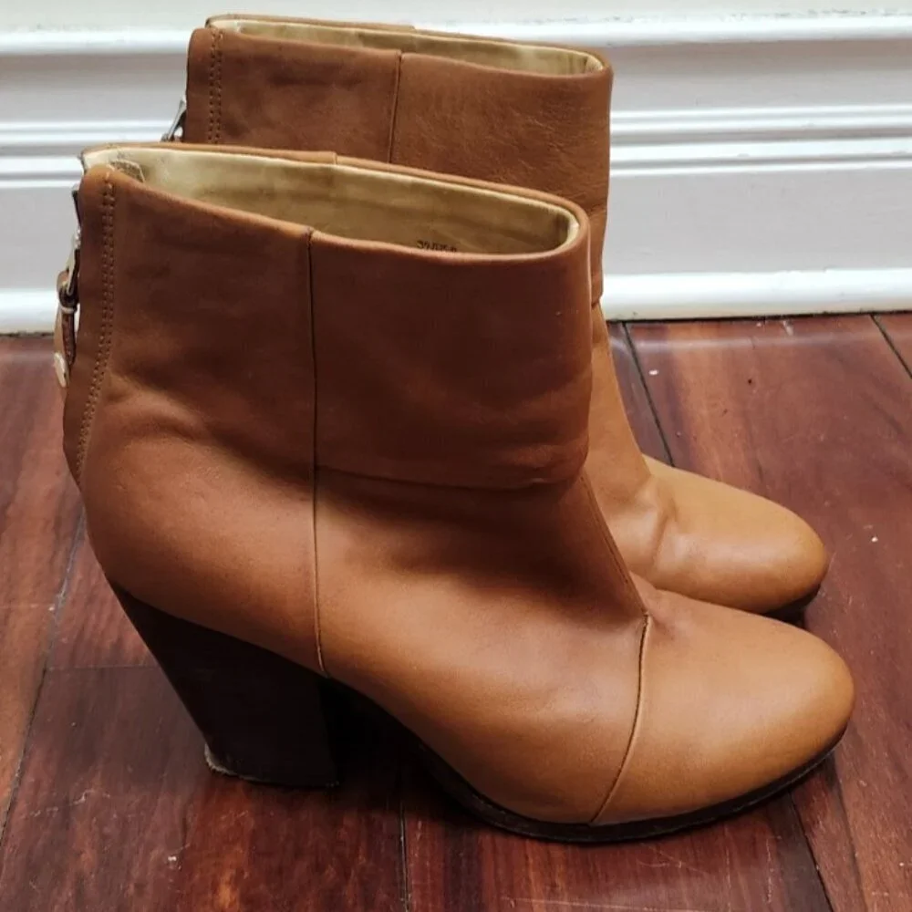 Rag & Bone New York Women’s Leather Ankle Boots Tan Heeled Booties Zip Back 39